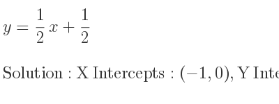 The y= 1/2 x+1/2 is X Intercepts: (-1,0),Y Intercepts: (0, 1/2)